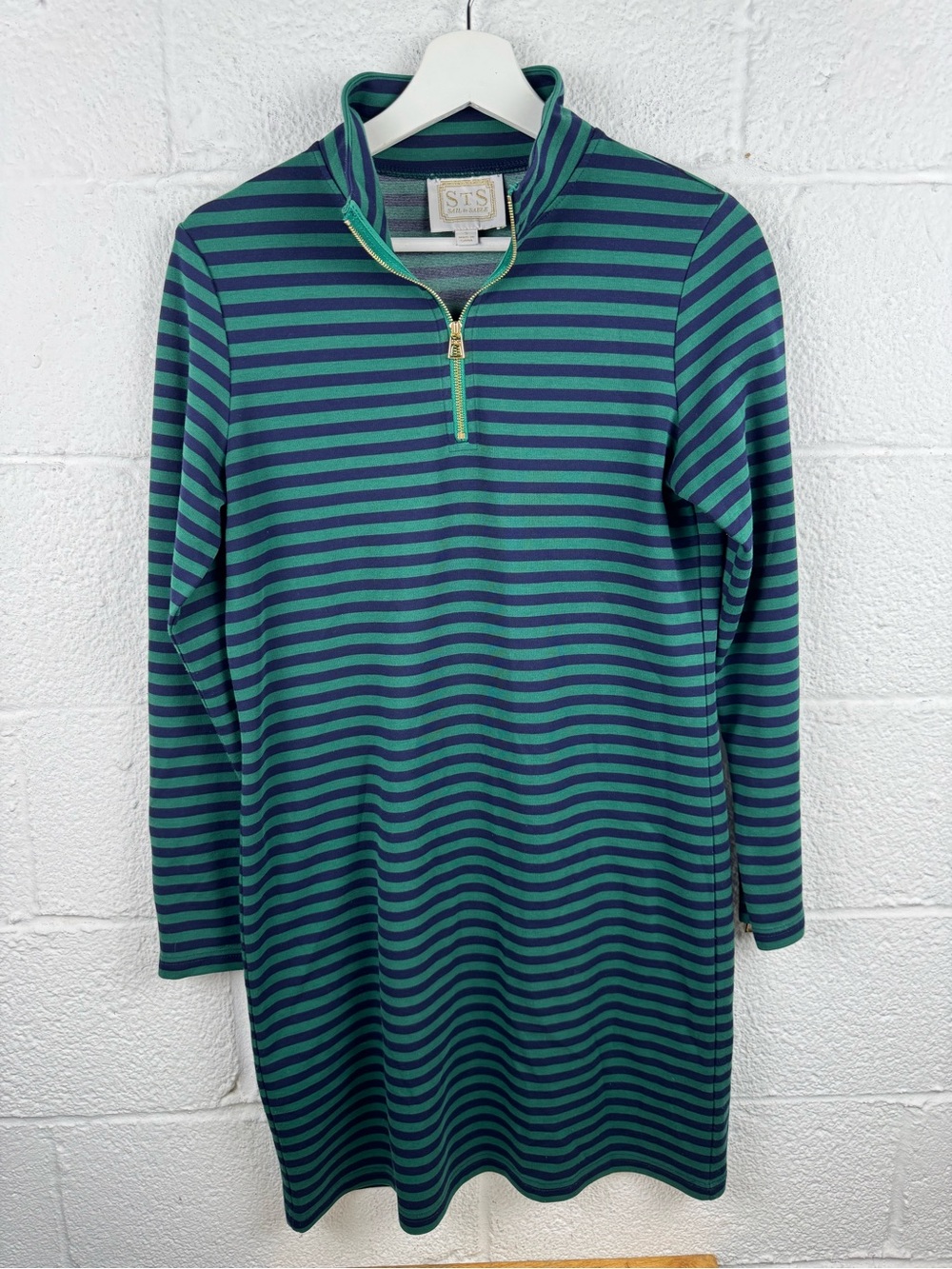 Sail to Sable STS Striped 1/4 Zip Shift Dress Navy Green Gold Size S